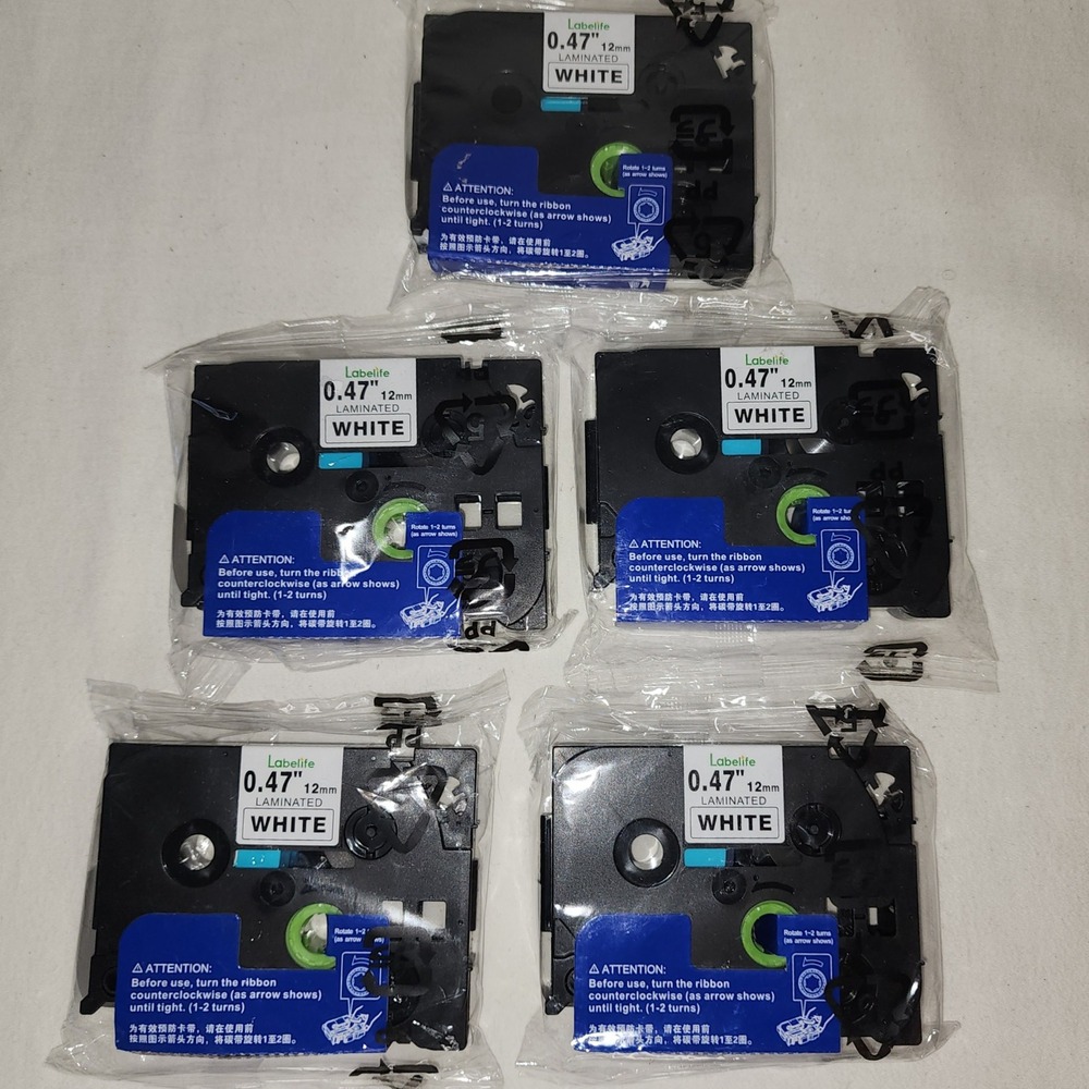 Labelife 0.47" 12mm Laminated White Label Tape Cartridge 5 Pack